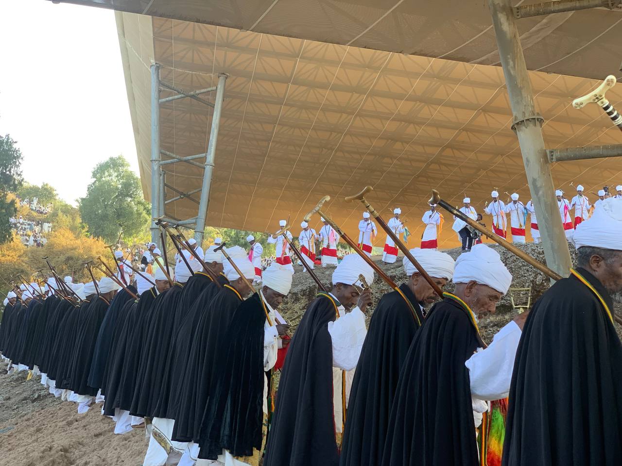 Pilgrims gathering for the Gena (Christmas) ceremony at a rock-hewn church in Lalibela.