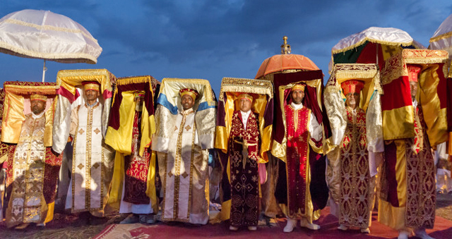 Priests carrying the Tabot (replica of the Ark of the Covenant) during Timket in Gondar.